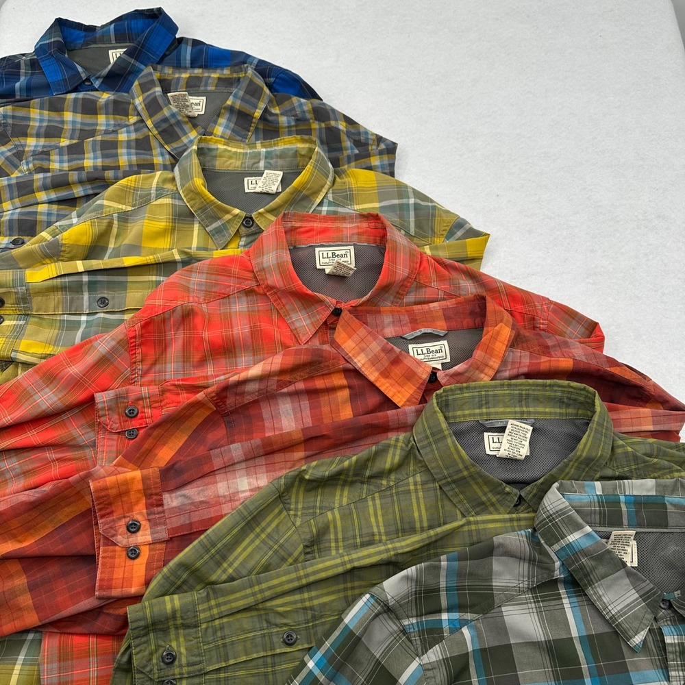 Lot 7 LL Bean Mens Large Rapid River Hiking Shirt Performance Button Down READ